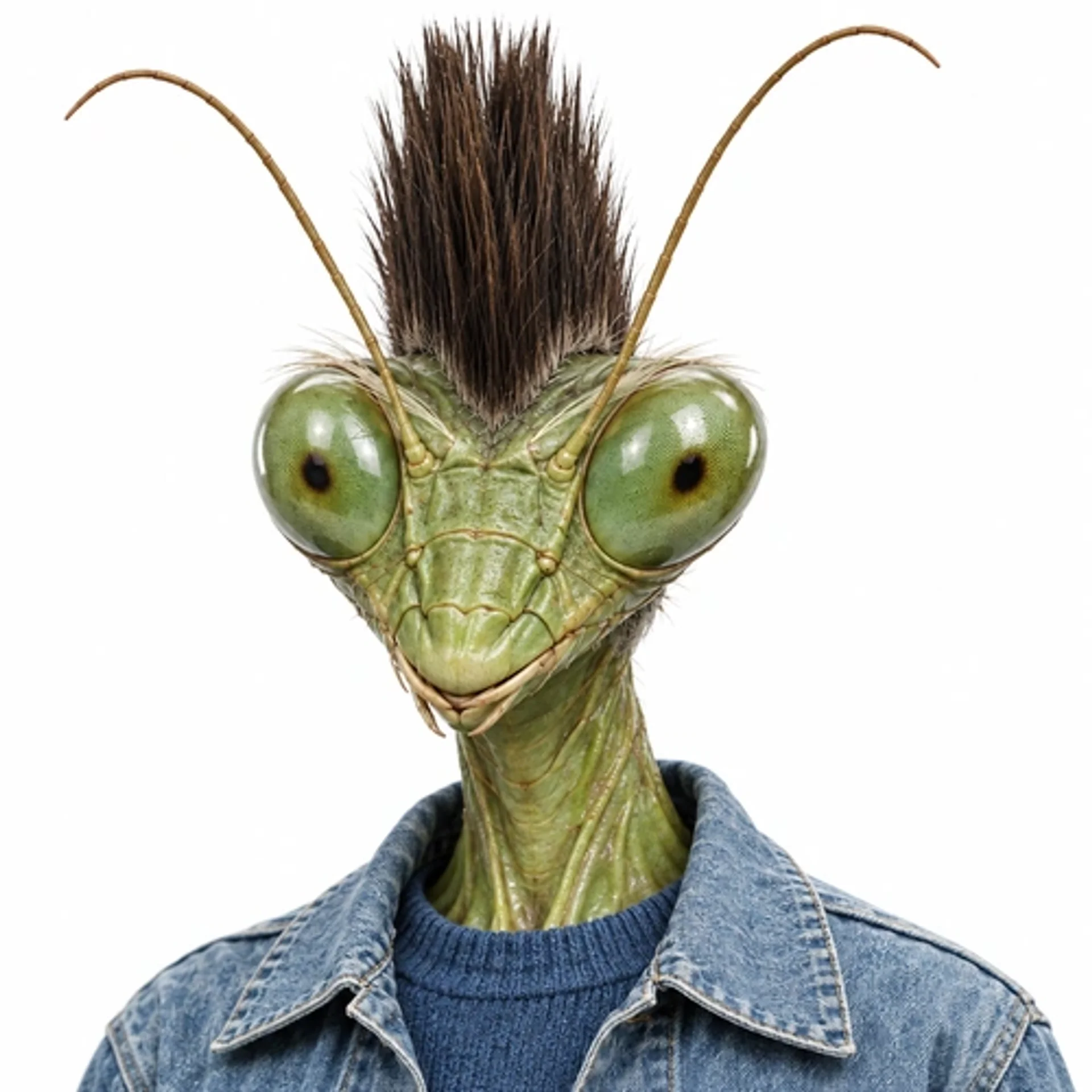 An insect-type AI influencer with a mohawk and a denim jacket